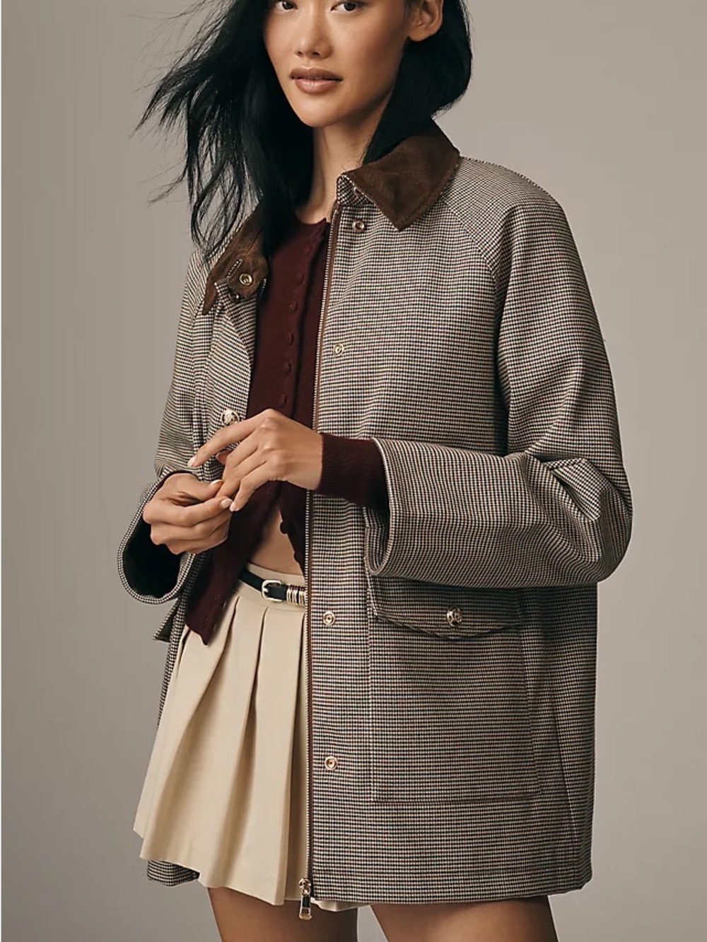 Brown Houndstooth Field Jacket with Corduroy Collar